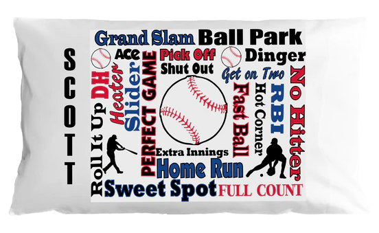 Baseball-themed pillowcase with various baseball-related words and graphics on a white background.