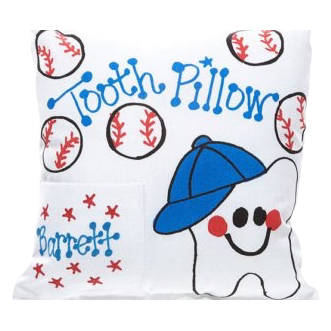 Tooth-shaped pillow with blue cap and red stars on a white background