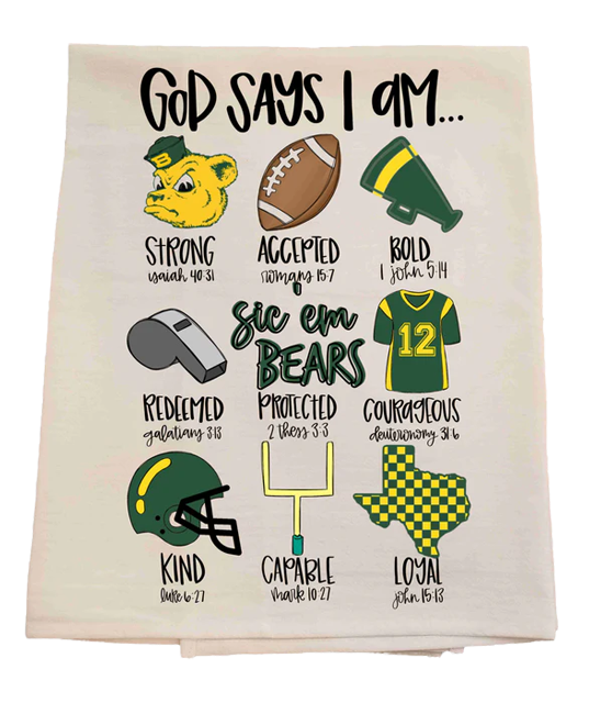 Decorative towel with Baylor sports-themed graphics and text on a white background