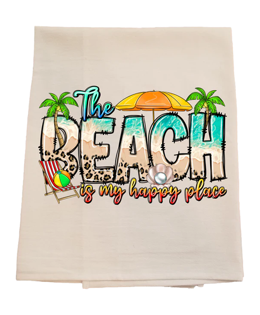 Beach-themed towel with 'The Beach is my happy place' text and beach elements.