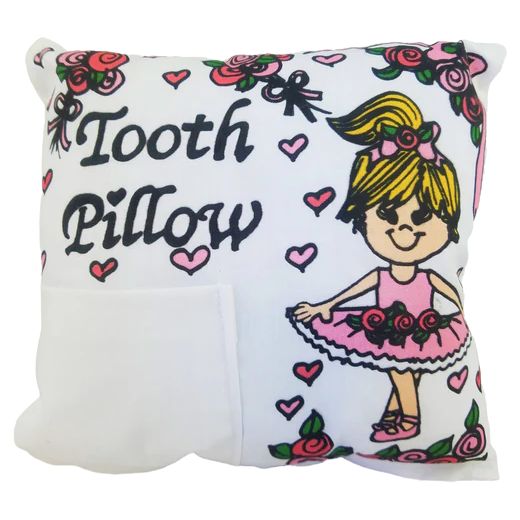 Decorative pillow with cartoon girl, flowers, and text on a white background