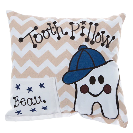 Decorative pillow with a cartoon tooth wearing a blue cap on a chevron pattern background.