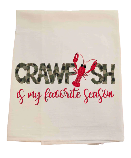 Towel with 'Crawfish is my favorite season' text and red crawfish graphic on a gradient background
