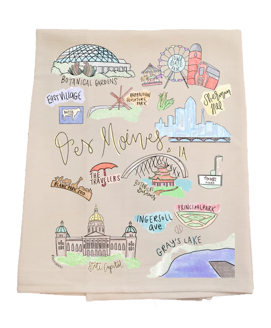Beige towel with colorful illustrations of Des Moines IOWA landmarks and attractions