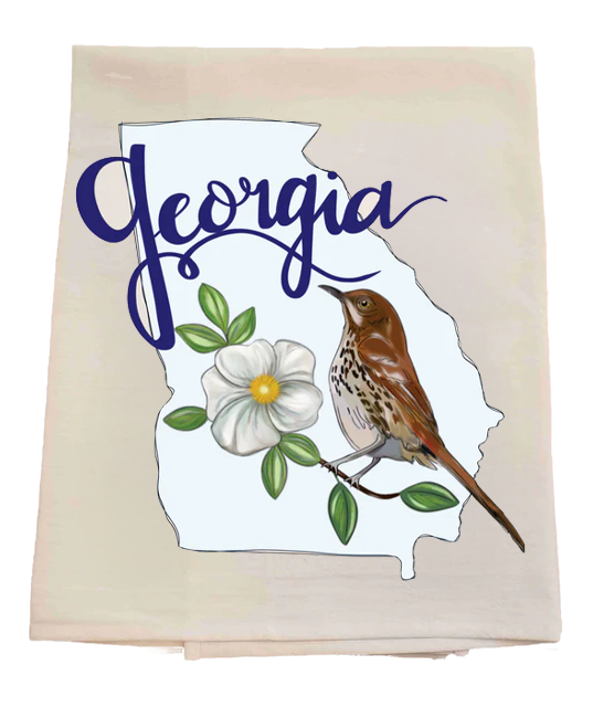 Georgia-themed towel with a bird and flower design on a white background