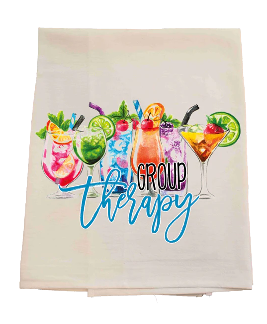 Tea towel with colorful cocktails and 'Group Therapy' text on a white background