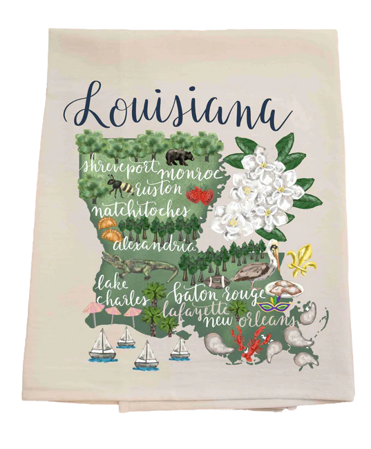 Decorative towel with a map of Louisiana featuring various elements and cities.
