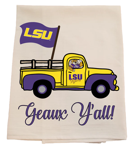 LSU-themed towel with a truck and flag design on a white background