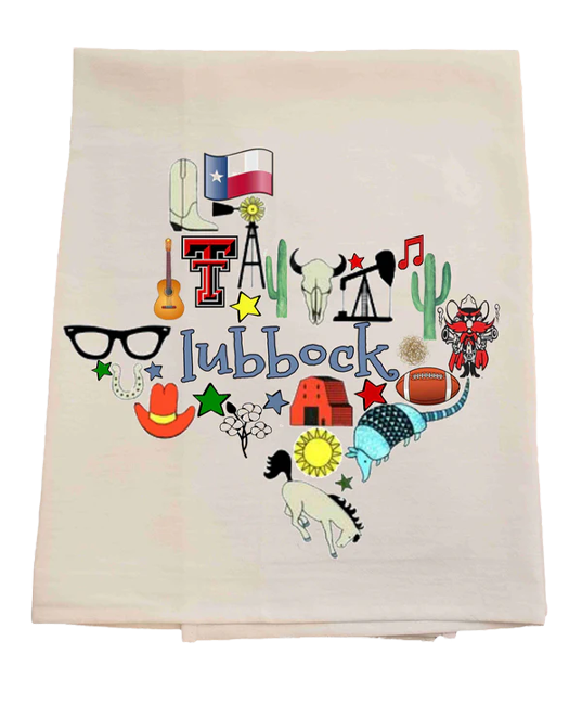 Decorative towel with colorful graphics and Lubbock Texas on a white background