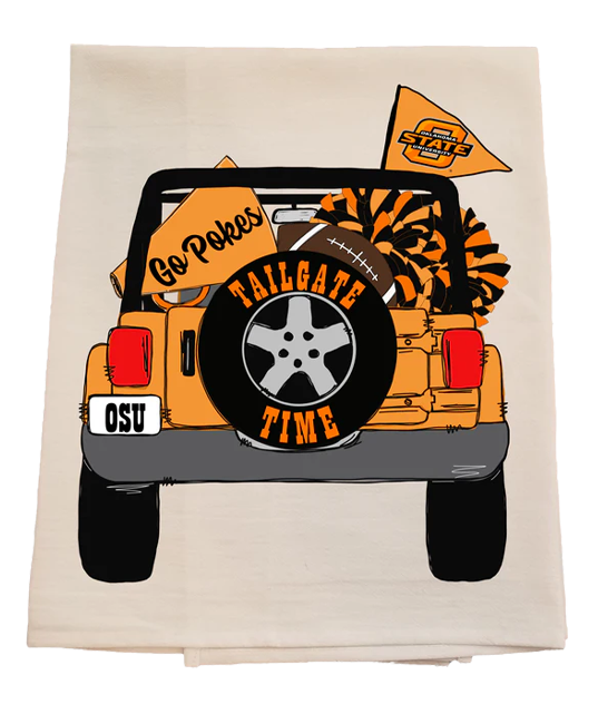 Beige towel with a graphic of a jeep and sports-themed text on a white background