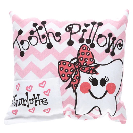 Tooth-shaped pillow with a pink bow and chevron pattern on a white background