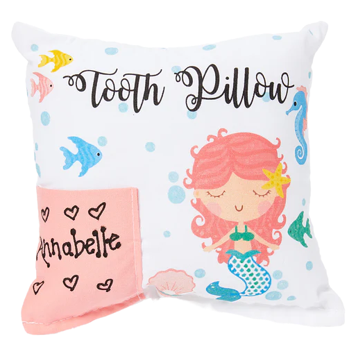 Mermaid-themed tooth pillow with personalized name on a white background