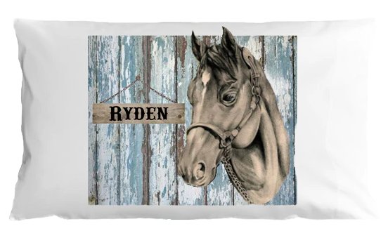 Pillow with horse design and 'Ryden' sign on a white background