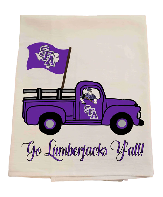 Tea towel with a purple truck and flag design, featuring text 'Go Lumberjacks Y'all!' on a white background.
