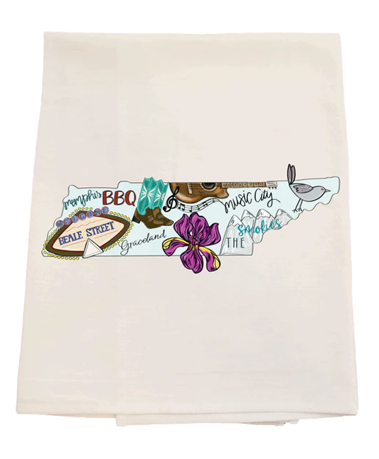 Beige towel with colorful graphics and text on a white background