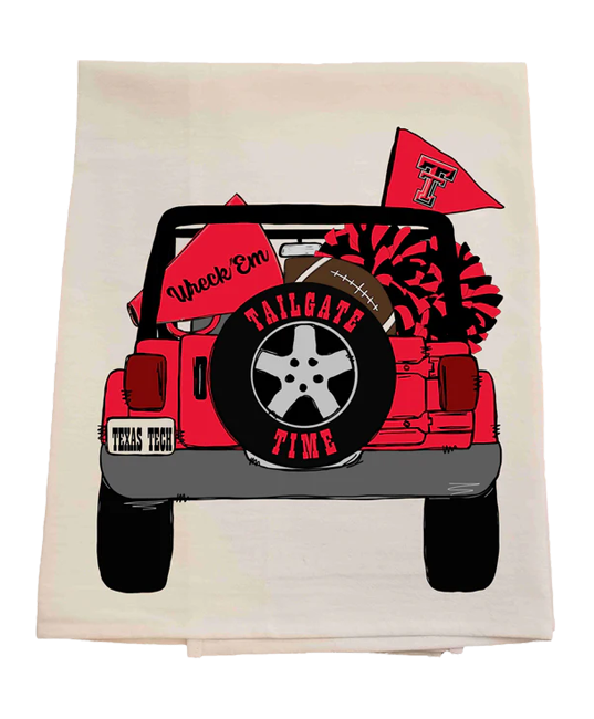 Decorative towel with a red truck graphic, football, and 'Tailgate Time' text on a white background