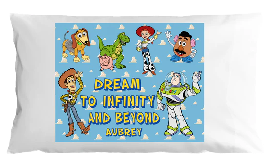 Personalized pillow case with Toy Story characters and text on a blue background