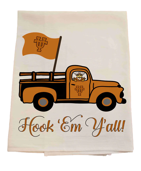 Tea towel with a vintage truck and flag design, featuring 'Hook 'Em Y'all!' text.