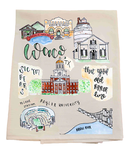 Decorative towel with illustrations of buildings and text related to Waco Texas landmarks