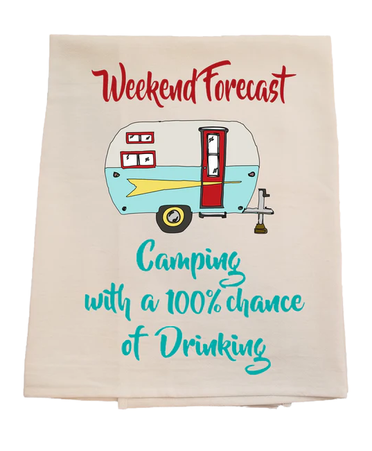 Cotton tea towel with a camper design and text on a white background