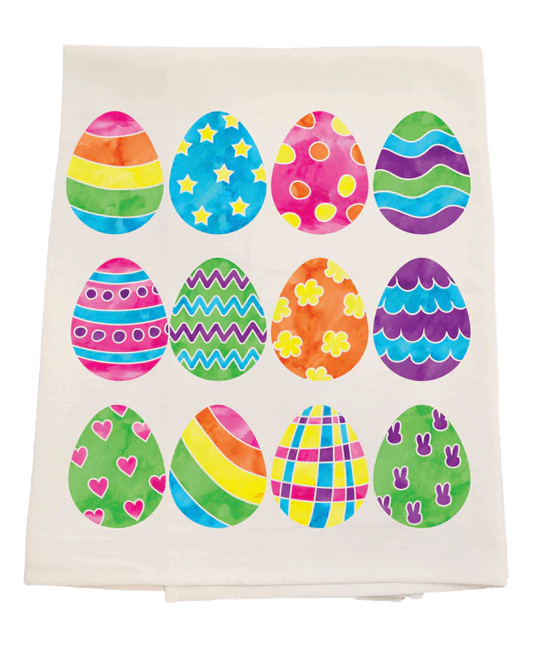 Decorative towel with colorful Easter egg designs on a white background