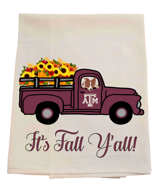 Tea towel with a vintage truck, flowers, and 'It's Fall Y'all!' text on a white background