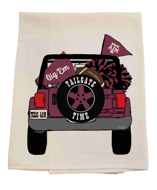 Tea towel with a graphic of a jeep and 'Tailgate Time' text, featuring Texas A&M logos and colors.