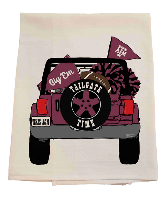 Tea towel with a graphic of a jeep and 'Tailgate Time' text, featuring Texas A&M logos and colors.