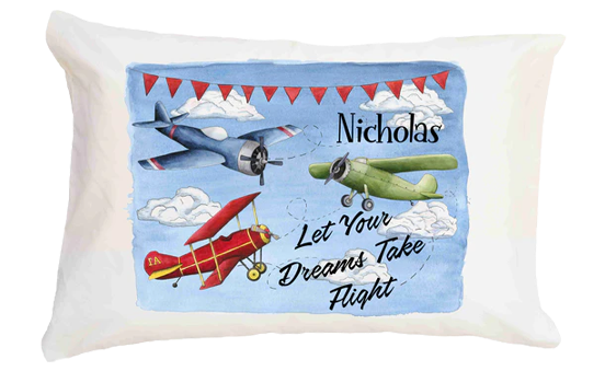 Personalized pillowcase with airplane design and text on a white background
