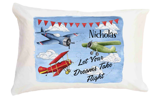Personalized pillowcase with airplane design and text on a white background