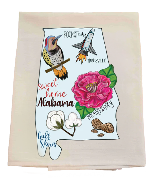 Tea towel with a map of Alabama featuring icons and text on a light background