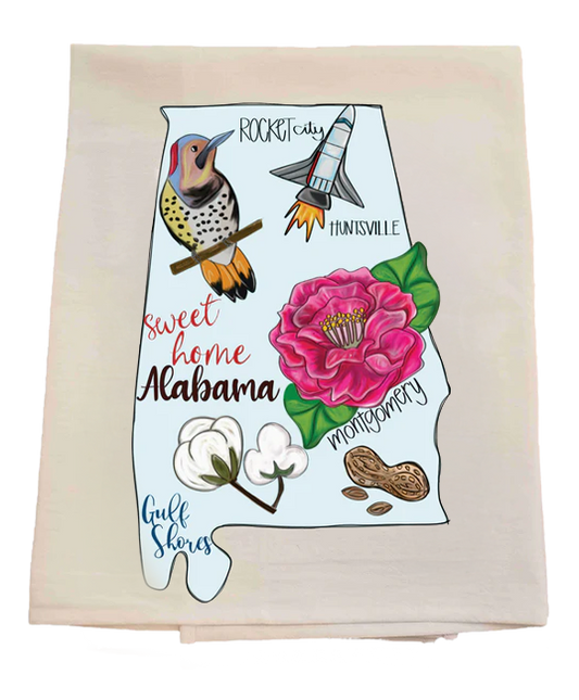 Tea towel with a map of Alabama featuring icons and text on a light background