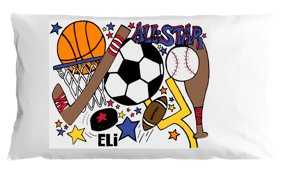 Pillowcase with sports-themed design and personalized name on a white background