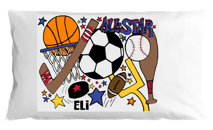 Pillowcase with sports-themed design and personalized name on a white background