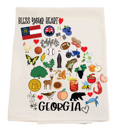 Decorative towel with various Georgia-themed icons and text on a white background