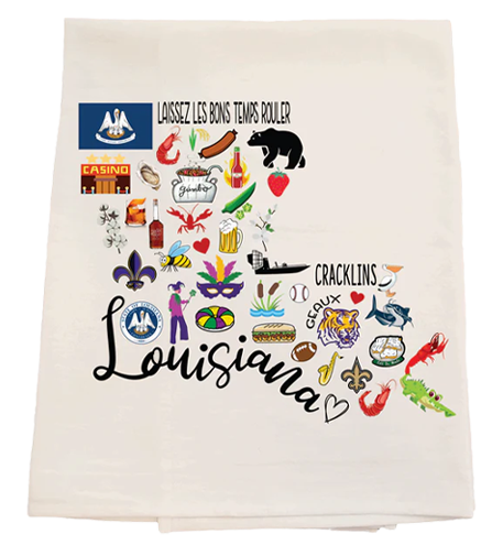 Decorative towel with Louisiana-themed graphics and text on a white background