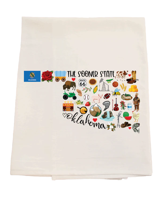 Towel with Oklahoma-themed graphics and text on a white background