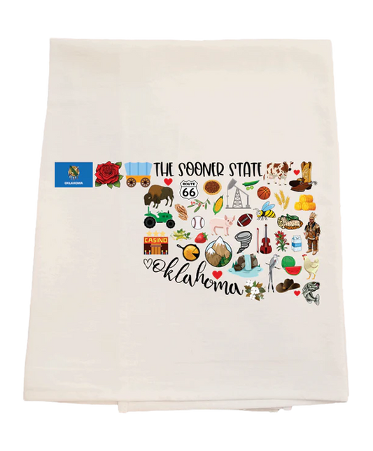 Towel with Oklahoma-themed graphics and text on a white background