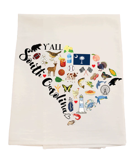 Towel with a map of South Carolina featuring various icons and 'Y'all' text on a white background