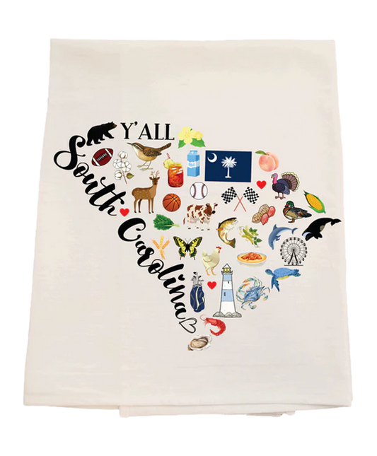Towel with a map of South Carolina featuring various icons and 'Y'all' text on a white background