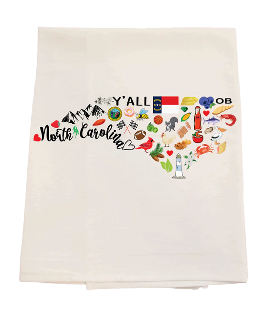 Beige towel with colorful graphics and text about North Carolina on a white background