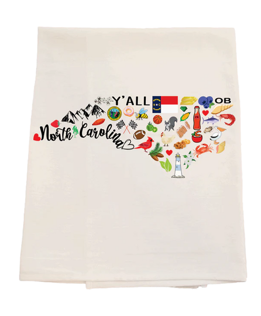 Beige towel with colorful graphics and text about North Carolina on a white background