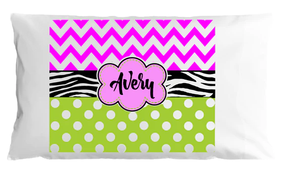 Personalized pillow case with pink and green pattern and name 'Avery'.