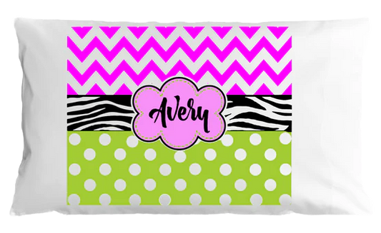 Personalized pillow case with pink and green pattern and name 'Avery'.
