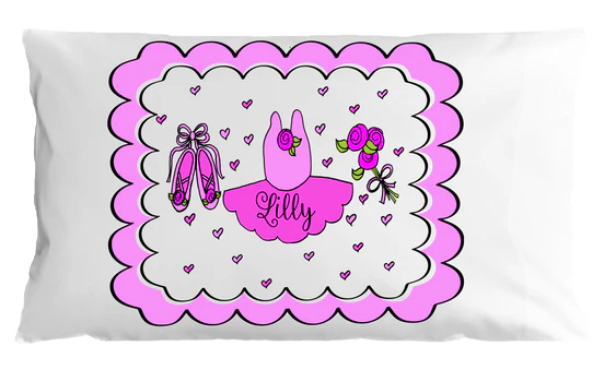 Personalized pillowcase with pink ballet-themed design and name 'Lilly'.