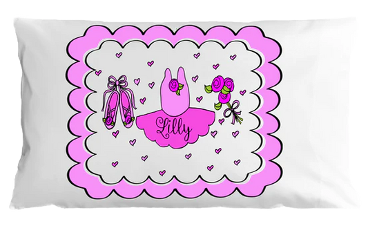 Personalized pillowcase with pink ballet-themed design and name 'Lilly'.