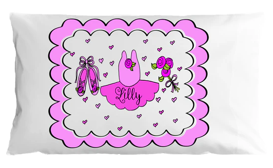 White pillowcase with pink border featuring ballet-themed design and name 'Lilly'.