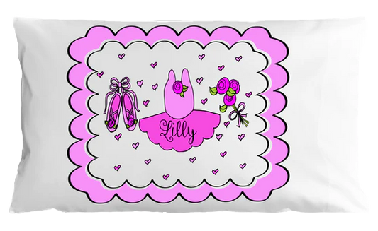 White pillowcase with pink border featuring ballet-themed design and name 'Lilly'.