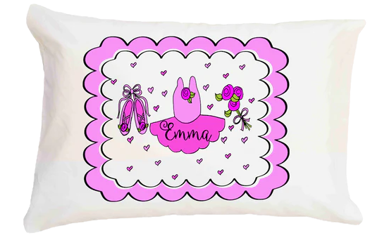 Decorative pillow with a pink border, ballet shoes, and a dancer's name on a white background