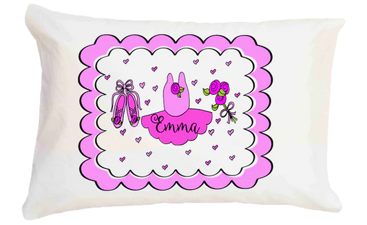 Decorative pillow with a pink border, ballet shoes, and a dancer's name on a white background